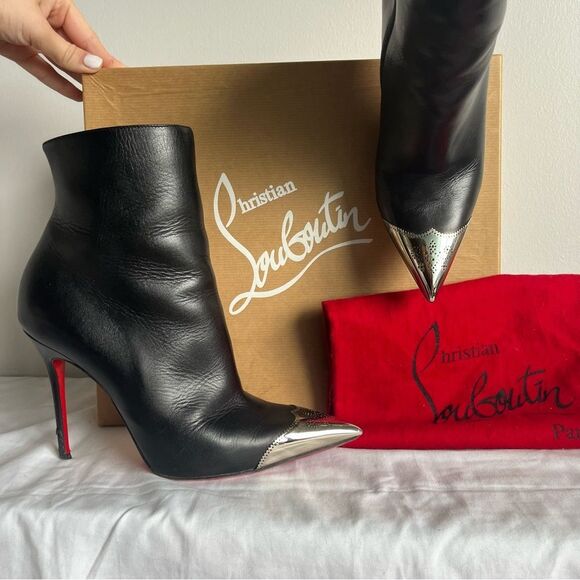 CHRISTIAN LOUBOUTIN Black Metal Toe Ankle Booties Calamijane 100mm Wingtip sz 37 - Picture 2 of 13